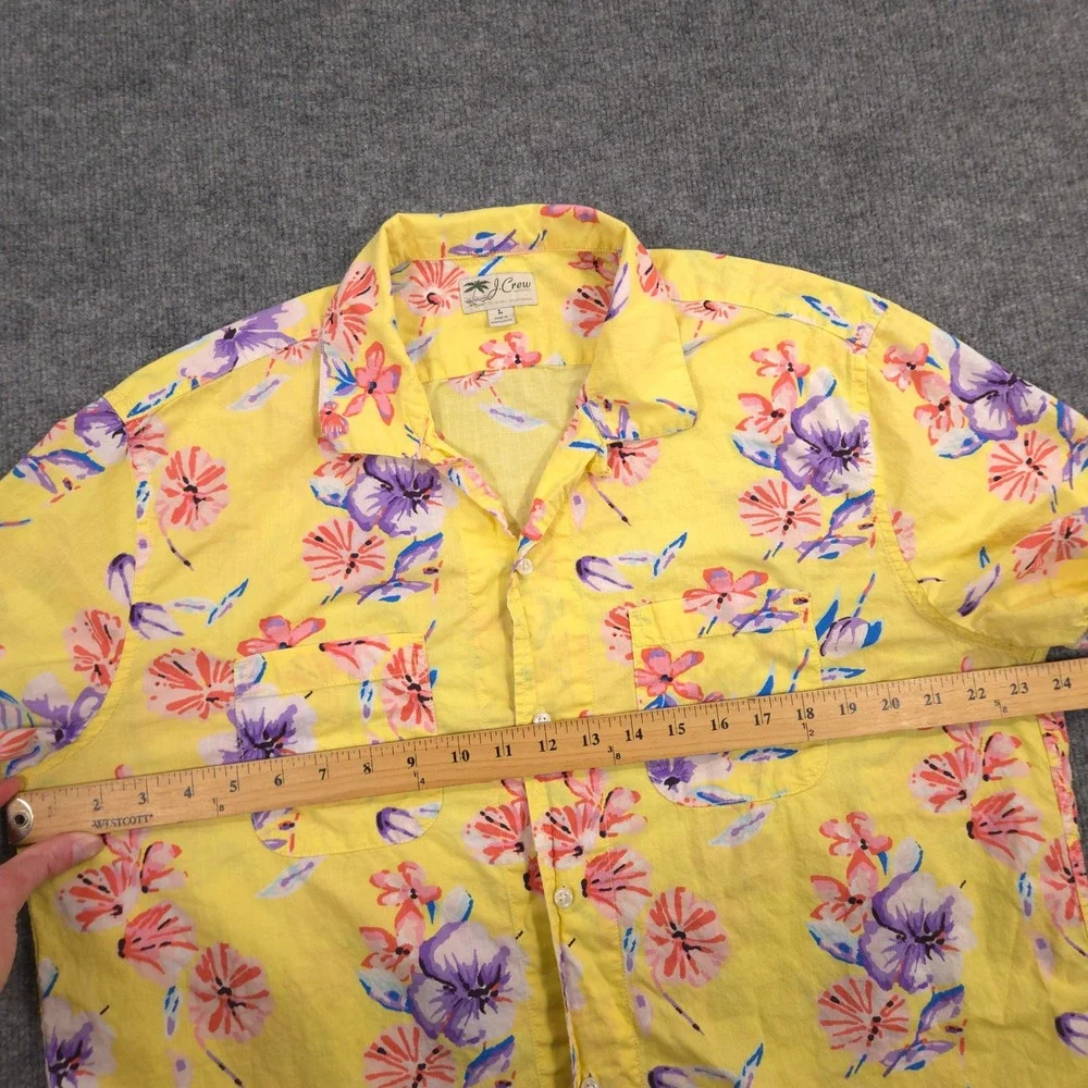 J Crew Camp Shirt Mens Large Yellow Hawaiian Floral AOP Slub Cotton Loop Collar